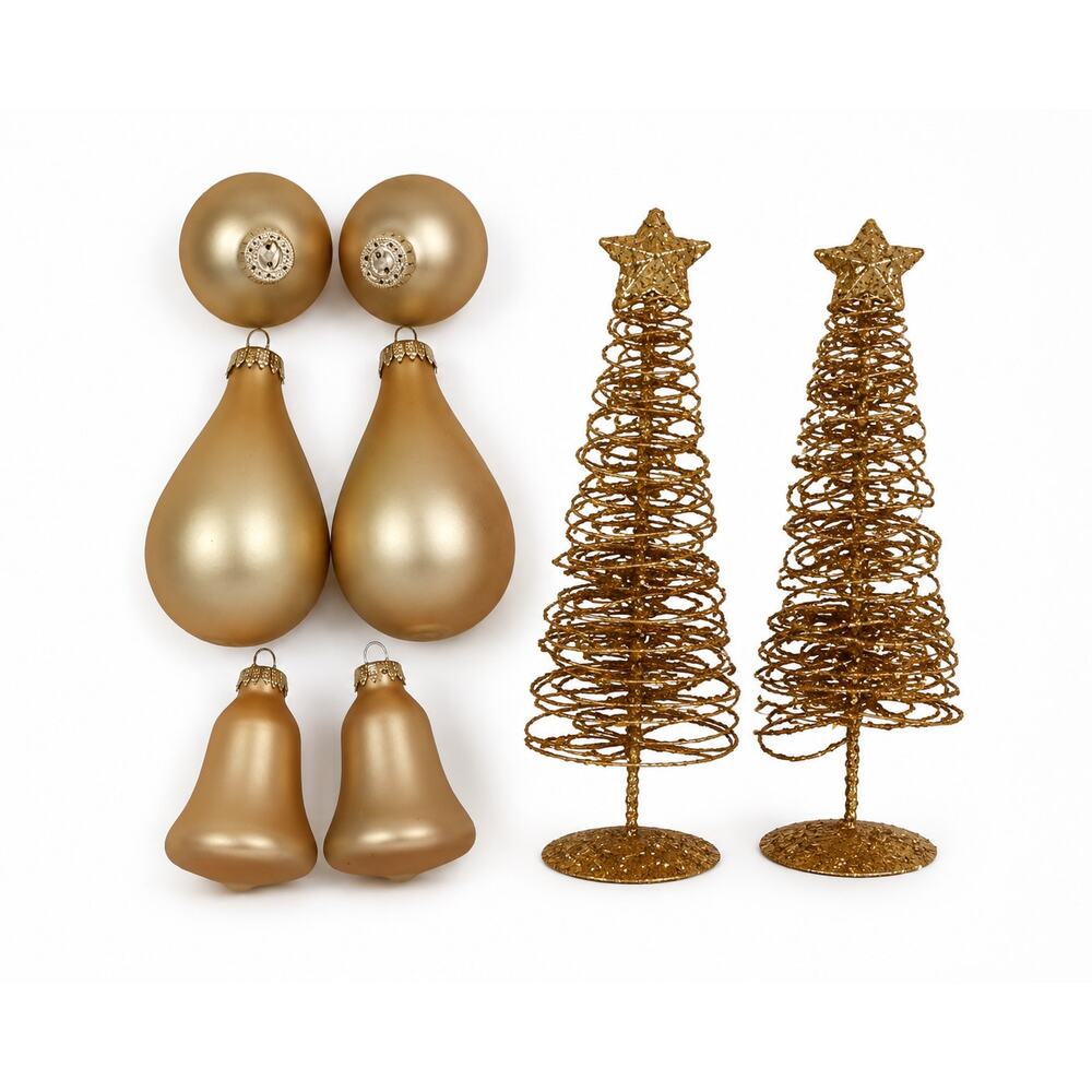 🔔💧🟡Vintage Gold Christmas Ornament Set 8 Pc Bells Pear 🎄Trees Matte Retro